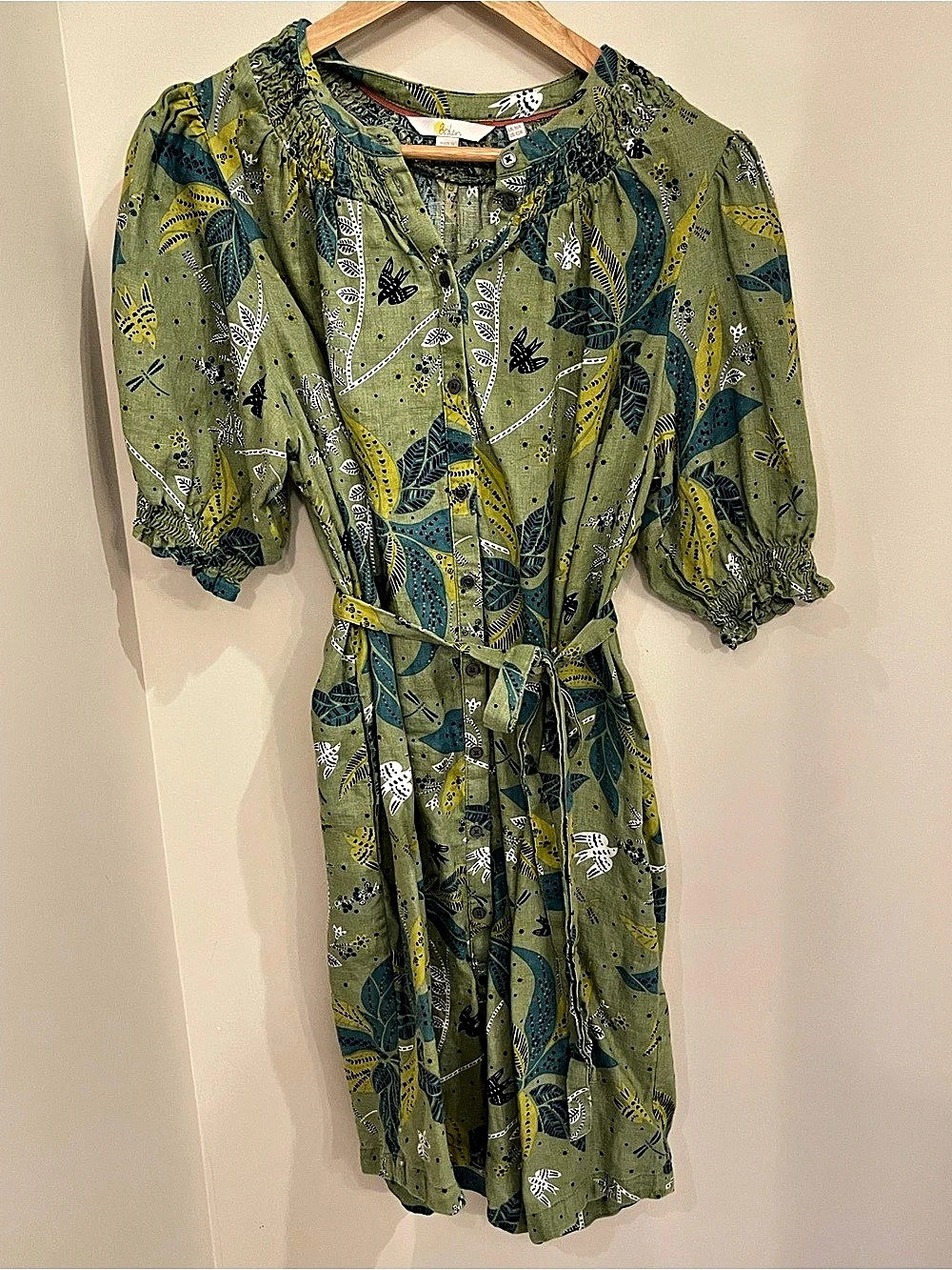 Boden Floral Linen Midi Dress Green & Blue Size Large